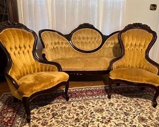 #27-29 VICTORIAN ROCOCCO PARLOR SET OF SOFA & 2 CHAIRS,  GOLD VELVET UPHOLSTERED, very good condition. $1500/set