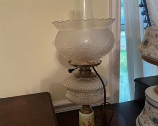 #12  Three Tiered Antique Lamp , Bottom Porcelain Printed Design, 2nd Tier Frosted Glass, 3rd Tier Frosted Etched Glass w/Chimney, Electric, $125.00