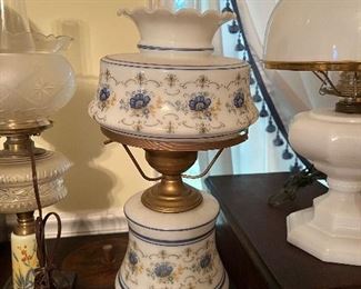 #11 BLUE & WHITE  ENAMELED PATTERN HURRICANE LAMP, Shade w/ Chimney, Electric $125.00