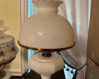 #10 WHITE MILK GLASS VINTAGE LAMP, Brass Rim on Shade w/Chimney, Electric $100.00
