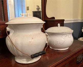 # 8 a & b   a.-CERAMIC CHAMBER POT, EMBOSSED DESIGN ON SIDE W/ LID  b. SLOP JAR/ CHAMBER POT W/LID $45.00 each