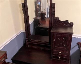 #6 EASTLAKE DRESSER , Bottom chest has 2 Drawers, Tall Mirror on Top w/ Cabinet to the side w/ 2 small drawers & a door, Very unusual piece Mahogany Wood  $1000.00