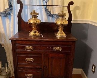 #2 VINTAGE WOOD WASHSTAND CABINET, BASE HAS 2 Drawers, Side Door and Top Drawer, Top has Towel Rack $300.00