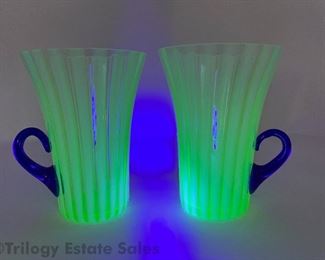 Pair Swirled Uranium Glass Mugs