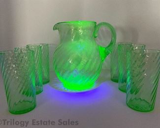 Uranium Glass Pitcher with 5 Glasses