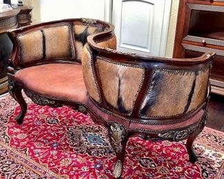 Fabulous Animal Hide Leather Napoleon Tete-a-tete Conversation Couch $2495