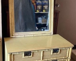 Vintage Faux Bamboo Dresser and Wicker Mirror.
