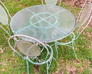 Vintage Iron Patio Chairs and Glass Top Table.
