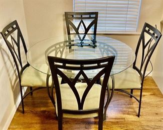 Iron Glass Top Table w/4 Iron Upholstered Chairs.
