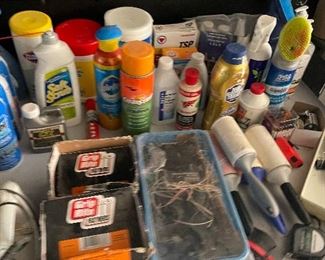 tools and cleaning supplies, paint and stain 
