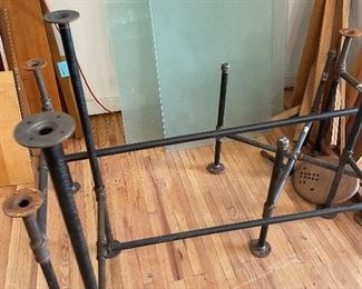Industrial Pipe and Glass Top Tables (three available), tall rectangle, short rectangle, short circle top