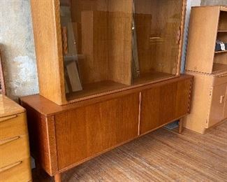 Mid Century Sidebaord with tambour doors, Top piece with 6 glass shelves and glass doors separate 
