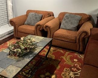 Living room chairs, couch and rug $250