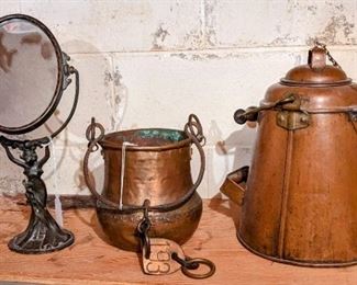 Copper kettles and mirror w/ stand