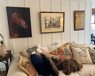 Comfy-Seating, Toss-Pillows, Equine Portrait, Indian Motorcycle Plaque, and Framed "Steamboat" Etching...