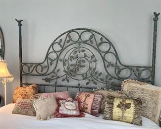 Patinated Iron "Flora and Fauna" Queen Bed, Embellished Toss Pillows, Beaded and Fringed Floor Lamp