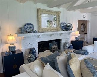 Slipcovered Seating, Framed Mirrors, Lamps, Chests, Blue and White Pottery an Accessories.