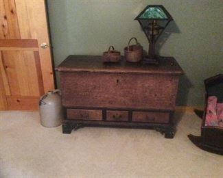 Antique Bucks Co. Pennsylvania three drawer decorated blanket. Has a unique hidden locking mechanism under the drawers. 51x23x31 tall. Original sponged decoration. Some trim and feet possibly replaced at some point.