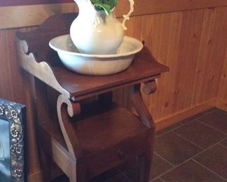 Antique pine wash stand with white porcelain bowl and pitcher. 19x17x35