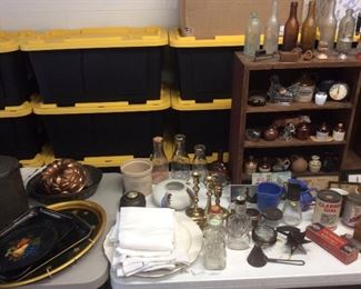 Linens, toleware trays, copper molds....