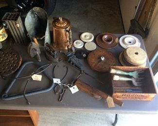 Chattanooga sad iron, copper coffee pot, misc lids, wooden boxes, .....