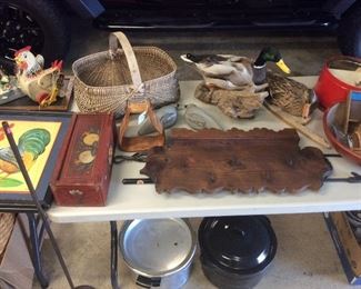 Taxidermy ducks, antique wooden game bird board, paint decorated candle box, baskets.....