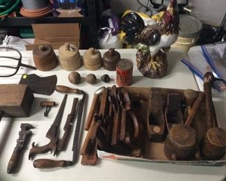 Antique tools, butter molds, mallets, civil war canon balls...