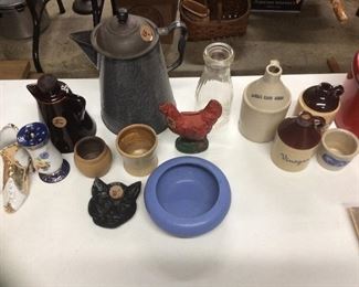 Cast iron cat face, chicken Bank, enamel coffee pot, miscellaneous stoneware......