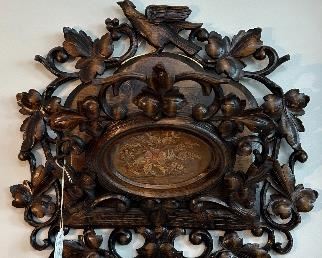 EARLY VICTORIAN BLACK WALNUT EXQUISITELY CARVED WITH BIRDS, HAND EMBROIDERD MEDALLION, RARE FIND