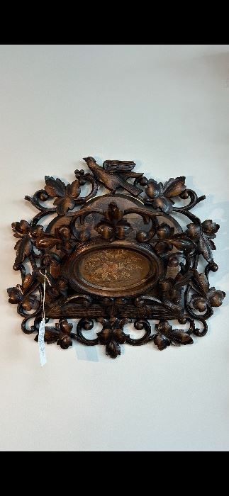 EARLY VICTORIAN BLACK WALNUT EXQUISITELY CARVED WITH BIRDS, HAND EMBROIDERD MEDALLION, RARE FIND