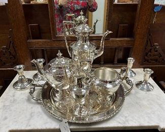 SILVER PLATE TEA SETS, CANDLE HOLDERS