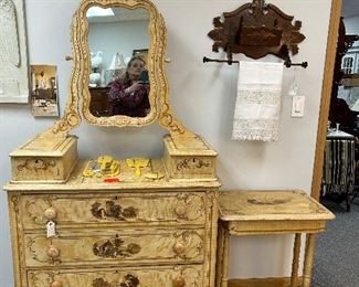 DARLING ANTIQUE DRESSER WITH DIFFERENT PAINTED CASTLES AND MATCHING TABLE