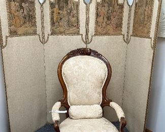 RARE TAPESTRY FOLDING SCREEN, ANTIQUE VICORIAN WALNUT CHAIR WITH CARVED FRUIT.