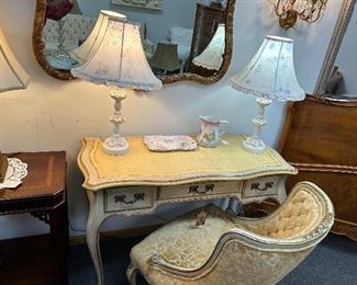 FRENCH DESK WITH LEATHER TOP, FLOCKED VELVET ORIGINAL FABRIC FRENCH CHAIR, MATCHING PORCELIAN PETITE ROSE LAMPS