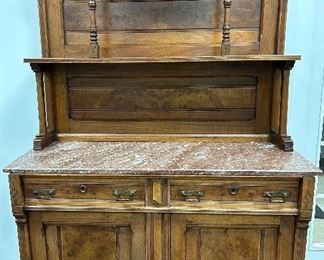 BEAUTIFUL 1800'S EASTLAKE SIDE- BOARD WITH BROWN ITALIAN MARBLE, BURLED WALNUT, EARLY SCALLOP AND PIN, DOVE TAILING. ORIGINAL ORNATE HARDWARE