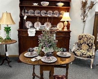 ENGLISH WALNUT ANTIQUE SIDE- BOARD, FILLED WITH PURPLE STAFFORDSHIRE SET, PURPLE FRENCH BERGERE MATCHING CHAIRS. PURPLE IS THE COLOR FOR THIS NEW TREND, IN CASE YOU HAVEN'T HEARD.
