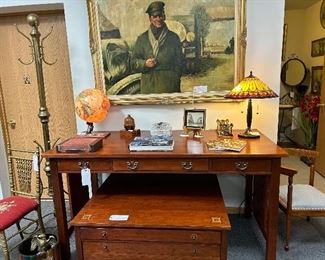 LARGE EUROPEAN OIL PAINTING, STICKLEY COFFEE TABLE AND TALL DRAFTING OR COMPUTER TABLE. BRASS COAT RACK
