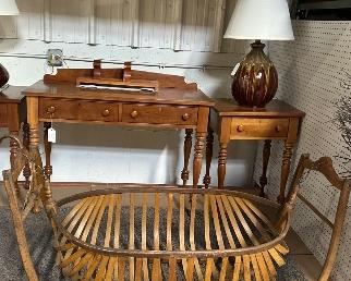 PRIMITIVE FIELD CRADLE, ETHAN ALLEN TABLE AND MATCHING NIGHT STANDS OR MATCHING TABLES