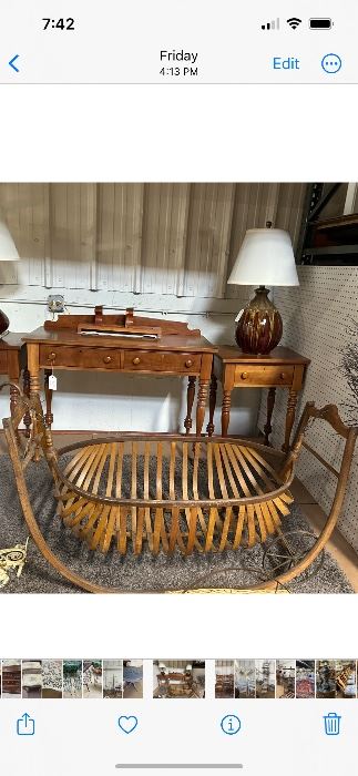 PRIMITIVE FIELD CRADLE, ETHAN ALLEN TABLE AND MATCHING NIGHT STANDS OR MATCHING TABLES