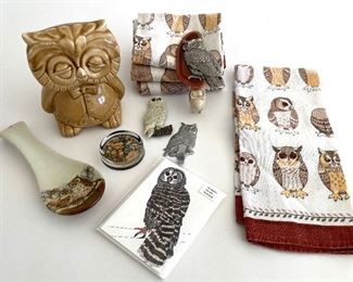 Owl Decor Lot -
Planter, Paperweight,
Hook, Nightlight, Magnet,
Notecards, Spoon Rest,
Tea Towels