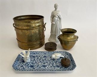 Mixed Lot - Brass Planters
, Trinket Boxes , Figurine ,
Porcelain Tray 