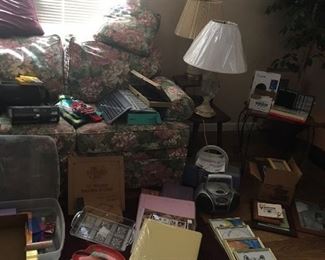 lamps, picture frames, Christmas, knick knacks, books, DVDs and VHS
