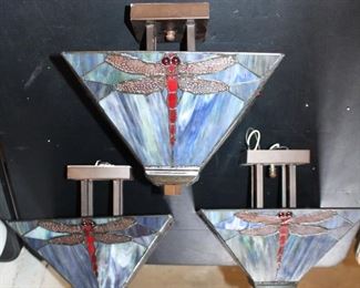 Three fun stain glass dragonfly ceiling light fixtures.  Sold separately.  