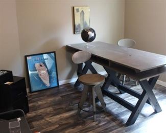 American Furniture Inc. sawhorse desk with two chairs.
