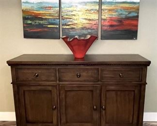 Lovely buffet/server shown with art glass piece and trio of art signed by "Joe".