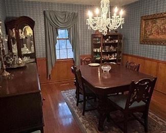 Full formal 1930s Jacobean Dining room suite including rub, chandelier, silver sets, cut and leaded crystal, and hundreds of antique figurines and curios.