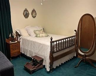 1860s spool bed with 1890s mirror, bedside table, wash stand, and dresser