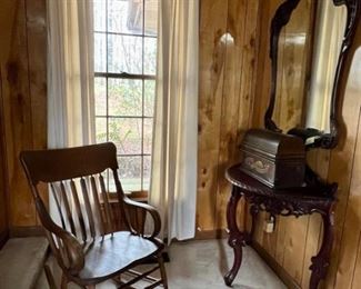 1900s rocking chair and 1880s table and mirror. Edison phonograph from 1905.