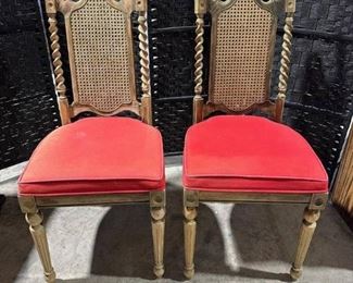 Vintage Carved Walnut Barley Twist Upholstered Chair with Cane Back