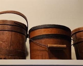 Primitive  wooden buckets including an antique Shakers bucket